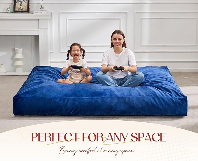 Hobestluk Giant Bean Bag Chair Bed for Adults, Large Bean Bags with High-Density Foam Filling, Convertible Big Sofa Bed Couch for Living Room, Bedroom, Playroom (Blue, Full)