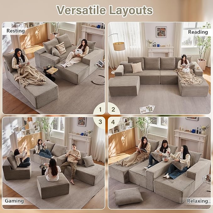 Lakifun 135" U-Shape Cloud Couch, Modern Modular Sectional Comfy L-Shape Sofa with Ottoman, Deep Seat, Upholstered Corduroy Sleeper Chaise Longue for Living Room Bedroom, No Assembly Required, Camel