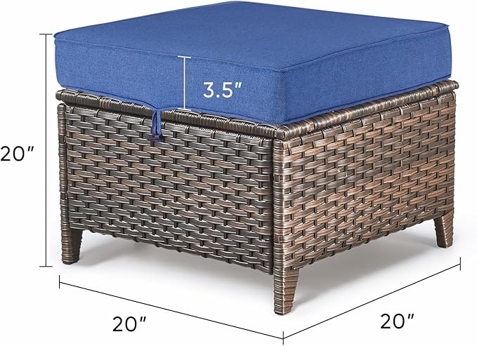 ACTREST Patio Ottoman Outdoor Wicker Side Table - 2PCS Multipurpose Heavy Duty All-Weather Brown Rattan Extra Seating Bench Footrest Footstool for Garden Back Porch Poolside Apartment - Navy Blue