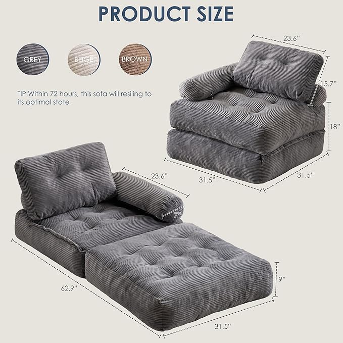 Folding Sofa Bed with Armrest,Convertible Sleeper Chair for Adults, Folding Sofa Bed Foam Filling Couch with Pillow，Sleeper Chairs Single Size Floor Mattress,Grey