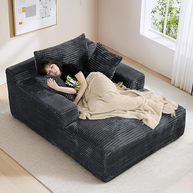 50"W x 68"D Oversized Chaise Lounge Chair Indoor Boneless Reading Chair Plush Corduroy Recliner Large Deep Seat Upholstered Sleeper Comfy Sofa Couch with 3 Pillows for Living Room Bedroom, Dark Gray