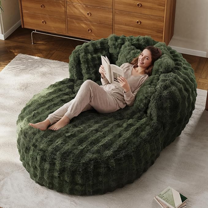 55" W Oversized Round Chaise Lounge Chair with Ottoman Indoor Boneless Faux Fur Plush Fluffy Circle Couch Soft Comfy Cozy Cloud Reading Chair with 5 Pillows for Living Room, Playroom, Bedroom - Green
