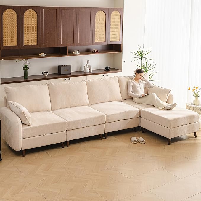 Rexulqo 135'' Modular Sectional Sofa with All Seats Storage, Oversized L Shaped Couch,4-Seater Comfy Cloud Couches with Movable Ottoman,24.5'' Deep Seat,Big Sofas for Living Room,Bedroom,Velet,Cream