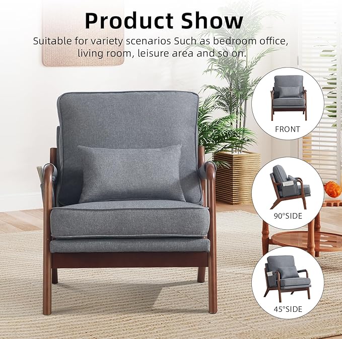 CANMOV Mid Century Modern Accent Chair with Extra Side Storage Pocket Upholstered Reading Armchair with Waist Cushion, Accent Chair for Living Room Bedroom, Easy Assembly, Grey