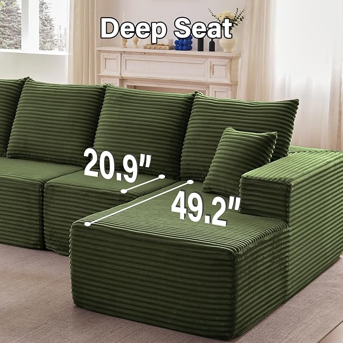135.4" W Cloud Sectional Couch with Ottoman,Modern U-Shaped Cloud Couch with Deep Seat,Comfy Corduroy 4-Seater Sofa,Memory Foam Sofa for Living Room,No Assembly (Green,Right-Facing Chaise)