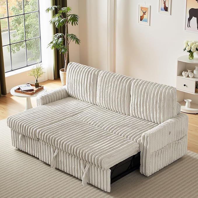 Sleeper Sofa Bed, 81” Pull Out Couch Bed with Reversible Storage Chaise, 3 in 1 L-Shaped Couch with Charging Station, Cup Holder, Side Pocket, Plush Corduroy Couches for Living Room(Beige)