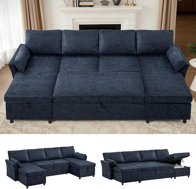 ACMEASE 107 Inches Fabric Sectional Sofa with Pull Out Sofa Bed, Modern U Shaped Sofa with Throw Pillows, Comfortable Sleeper Couch with Storage Chaise for Living Room, Blue