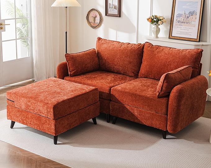 Rexulqo 73'' Loveseat Sofa with All Seats Storage, Modular Sectional Couch with Movable Ottoman,Oversized Comfy Couch with 7.8'' Cushion,24.5'' Deep Seat,for Living Room,Bedroom,Velet,Orange