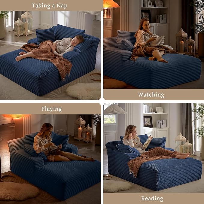 VEPXXP 66" Chaise Lounge Chair Indoor, Oversized Boneless Couch Comfy Upholstered Sleeper Sofa Bed with 3 Pillows, Corduroy Cloud Reading Chair for Living Room No Assembly Required, Blue