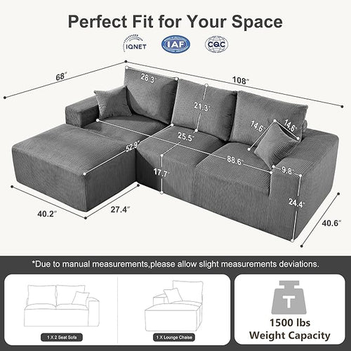 108" Modular Sectional Sofa, Compression Sofa with Deep Seat, Modular L-Shape Couch with Chaise, Upholstered Couches for Living Room Bedroom, No Assembly Required (Grey Corduroy, 108" L Shape)