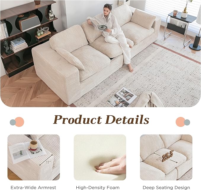 Esright 110" Oversized Sofa for Living Room, Cloud Boneless Couch with Fluffy Seat Cushions, 3 Seater Upholstered Floor Sofa, No Assembly Required, Beige
