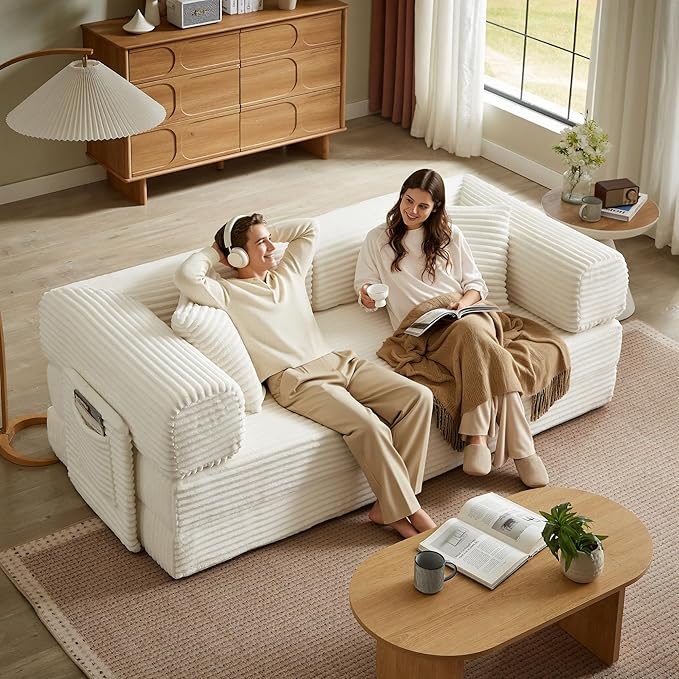 Chorlenimi Boneless Couch Futon Sofa Bed Sectional Couches for Living Room,Cloud Couch with Sleeper Sofa,Sofas for Living Room Oversized Corduroy Upholstered (White, 81 Inches (with Iron Frame))