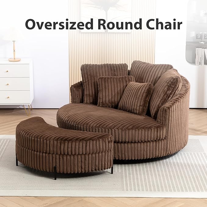 Chifee & Vingol 59.8" W Oversized Accent Round Chair Large Barrel Chair with Ottoman & Movable Wheels & 5 Pillows, Faux Fur Fabric - Brown