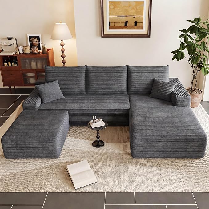 95" Cloud Sectional Couch with Ottoman,Modern U-Shaped Cloud Couch with Deep Seat,Comfy Corduroy 3-Seater Sofa,Memory Foam Sofa for Living Room,No Assembly (Dark Gray,Right-Facing Chaise)