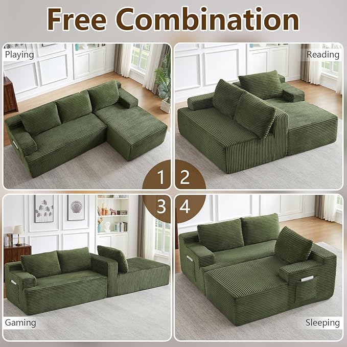 96.1" Modular Sectional Sofa Couches L-Shape Couch 3 Seat Modular Sofa Corduroy Memory Foam Sectional Boneless Couches for Living Room, Cloud Couch with Oversized Chaise(Green, Right Facing)