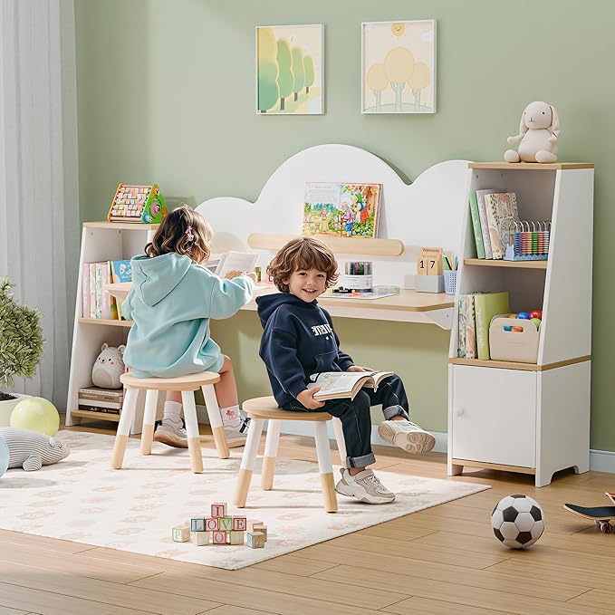 Xilingol Kids Study Desk with Bookshelves and 2 Stools, Kids Desk and Chair Set with 5 Storage Cabinets, Wooden Children Writing Table, Student Study Table for Ages 3-8, Bedroom, Boys, Girls