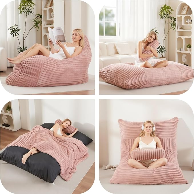 5 in 1 Bean Bag Chair with A Roll Pillow,Giant Bean Bag Chairs for Adults,Ultra Soft & Machine Washable Cover,Convertible Sofa Bed Floor Couch Lounger for Living Room,Bedroom