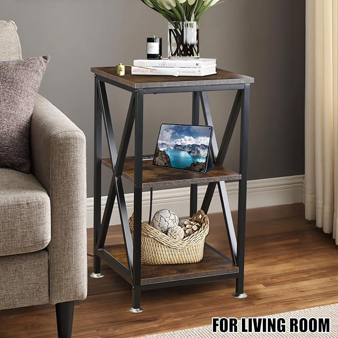 End Tables Living Room Set of 2, Square End Table with Charging Station, 16" D X 16" W X 28" H, Wood and Metal Table with USB Ports and Outlets, Side Table with Wheels for Living Room, Bedroom