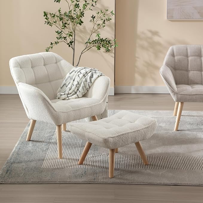 QUINJAY Modern Sherpa Accent Chair with Ottoman Set of 2, Fluffy Upholstered Lounge Chair with Footrest, Comfy Living Room Side Boucle Armchair for Small Space Bedroom, White