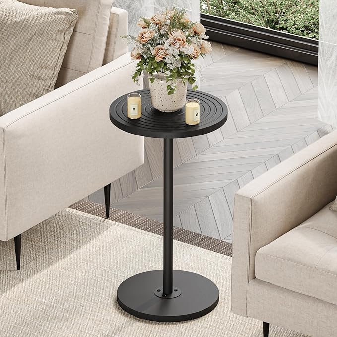 Asgolion Round Side Table, Small Drink Table, Pedestal Martini Stand, Weighted Base Cocktail Table Accent Nightstand for Living Room, Bedroom, Bathroom, Office, Black