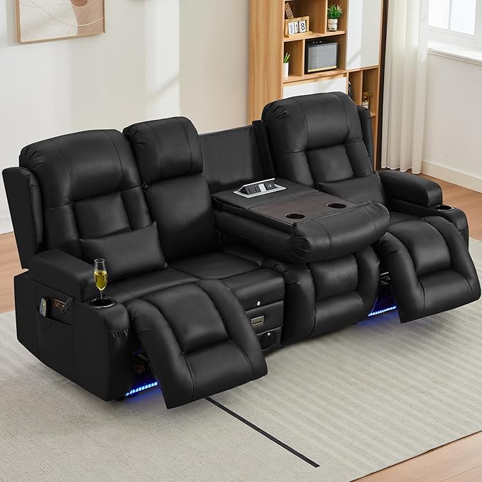 URRED Loveseat Recliner Sofa with Massage and Heat, Power Reclining Loveseat Sofa RV Couch with Console and Middle Seat, 3-Seater Home Theater Seating with LED Lights, Faux Leather, Black