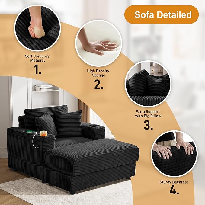 DAMAIFROM Oversized Chaise Lounge Chair Indoor with USB, Cup Holder & Ottoman, Firm Solid Wood Frame with Long Service Life Corduroy Oversized Lounge Reading Chair for Study Room - Black