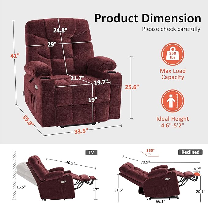 MCombo Power Lift Recliner Chair for Elderly, Electric Lift Chair with Extended Footrest, USB Ports, Cup Holders, Fabric 7281 (Burgundy, Small)