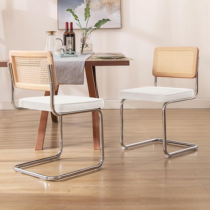 Zesthouse Rattan Dining Chairs Set of 6, Mid Century Modern Dining Room Chairs with Natural Cane Mesh & Chrome Base, White Cesca Chair Velvet Fabric, Farmhouse Kitchen Chair with Solid Wood Frame Back