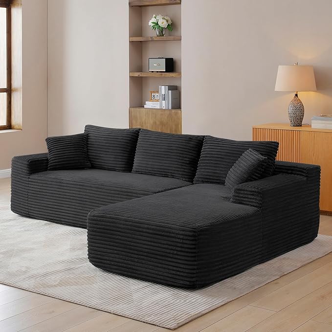 HYJT-H&K Modular Sectional Sofa Cloud Sectional Couch, 95" Comfy Fluffy L Shaped Black Couches for Living Room, Deep Seat Memory Foam Plush Corduroy Boneless Couch Sectionals Right Facing Chaise Sofa