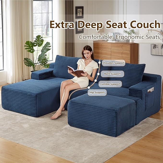 96" U-Shape Cloud Couch, Modern Modular Sectional L-Shape Sofa with Ottoman, Corduroy Upholstered Couches Deep Seat Sleeper Chaise Longue for Living Room, No Assembly Required(Blue, Left Facing)