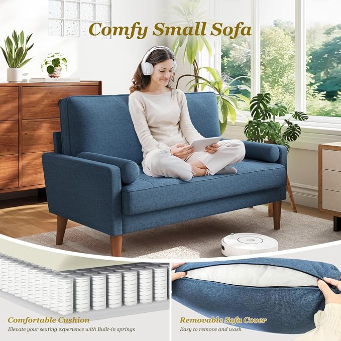 Vesgantti Loveseat Sofa with Solid Wood Legs, 48" Small Couches for Small Spaces, Love Seat for Living Room, Bedroom, Easy Assembly Mid Century Modern Couch with Throw Pillow for Apartment, Blue