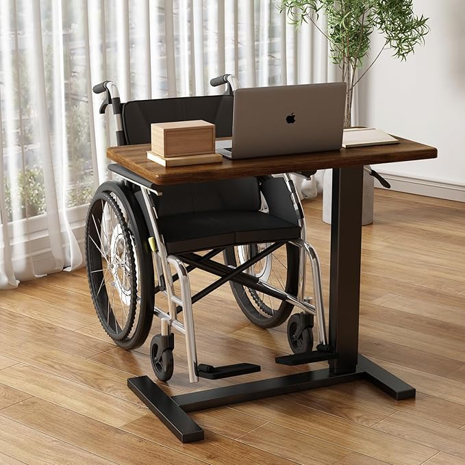 Overbed Bedside Table with Wheels Adjustable Hospital & Home Use Bed Table Rolling Movable Laptop Mobile Standing Desk Pneumatic Computer Cart Waterproof L-Shaped Steel Base Tray Tables,Brown