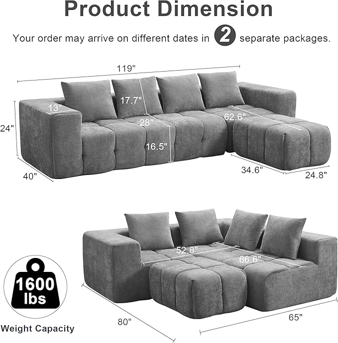 119" Boneless Couch, Cloud Sectional Couch with Deep Seat, High-Density Memory Foam and Chaise, Sectional L Shaped Sofa, Boneless Couches for Living Room, Tufted Sofa No Assembly Needed, Light Grey