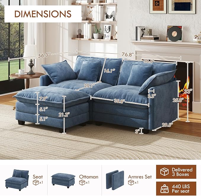 WorthFurni 77 Inch L Shape Cloud Sofa, Modular Sectional Couch with Ottoman, Comfy Chenille Deep Seat Loveseat with Pillow for Living Room Bedroom Apartment (Blue)