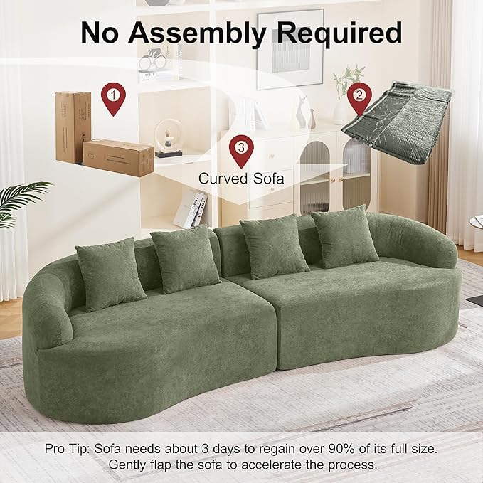 110.2" Curved Boneless Couch, Oversized Cloud Sofa with 4 Pillows, Modern 4 Seater Modular Sectional Sofa, Boneless Sectional Couches for Living Room, Curved Foam Couch, Green
