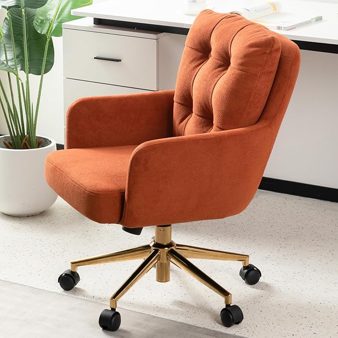 BALIAA Flannel Office Chair, Comfy Home Office Desk Chairs with Lumbar Support, Modern Velvet Desk Chair Gold Legs Small Swivel Task Chair for Home Office, Bedroom, Study (Orange, L)