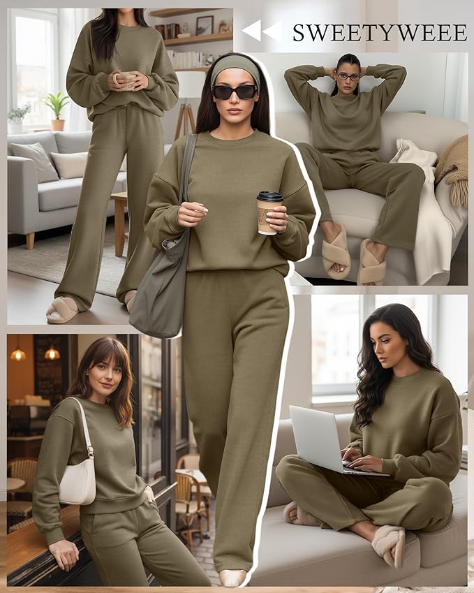 Sweetyweee Women's 2 Piece Outfits Set Fleece Lined Lounge Sweatsuit Crewneck Pullover Top Wide Leg Pants Casual Tracksuit(Khaki,X-Large)