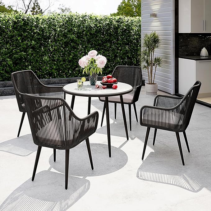 Patiorama Outdoor Dining Chairs, Patio Dining Chair Set of 6, All-Weather Woven Rope Rattan Chairs, Outdoor Dining Wicker Chairs with Armrests for Indoor Balcony Pool Backyard(Black)