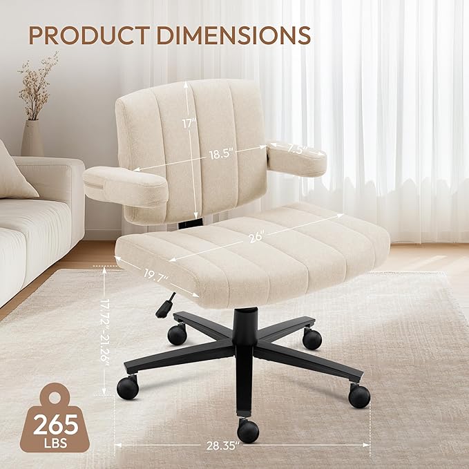Vigosit White Criss Cross Office Chair with Wheels, Ergonomic Wide Seat Vanity & Dressing Table Chair, Adjustable Arms Swivel Rolling Desk Chair for Women, Comfortable Cross-Legged Support