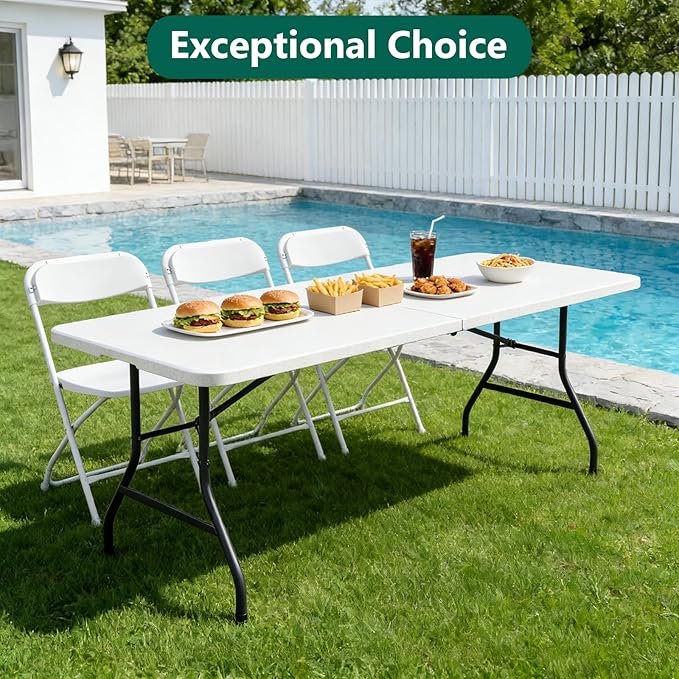 FurniEdge 6ft Folding Table with Handle, Heavy Duty Plastic Table, 300 lbs Portable Table, Reinforced Steel Legs, High Density Plastic, Ideal for Parties, Picnics, Weddings, Camping