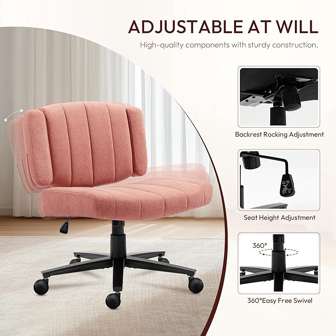 Vigosit Pink Criss Cross Office Chair with Wheels, Ergonomic Wide Seat Vanity & Dressing Table Chair, Adjustable Arms Swivel Rolling Desk Chair for Women, Comfortable Cross-Legged Support