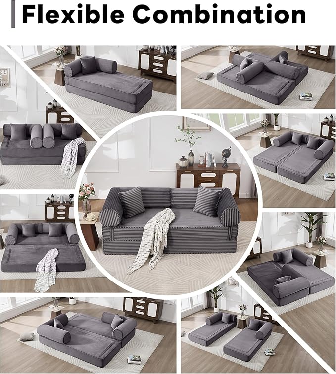 Tbfit 79'' Folding Boneless Couch, Oversized Corduroy Convertible Sofa Bed, Futon Mattress Sleeper Sofa, Comfy Foldable Upholstered Floor Couches for Living Room, Gray
