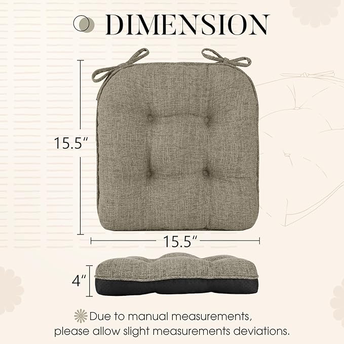 Basic Beyond Chair Cushions for Dining Chairs 4 Pack, Dining Seat Cushions with Ties and Non Slip Backing, 15.5 x 15.5 inches Tufted Kitchen Chair Pads (Khaki)
