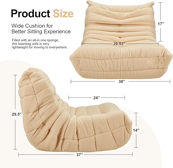 Bean Bag Chairs for Adults Giant Bean Bag Chair Memory Foam BeanBag Chair Bean Bag Sofa with Filler Faux Fur Fireside Beanbags Lazy Sofa for Living Room Bedroom Office (Khaki Teddy, Single)