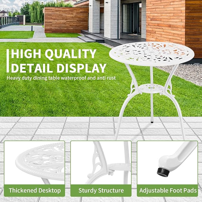Withniture 3 Piece Outdoor Bistro Table Set, Cast Aluminum Patio Bistro Sets with Umbrella Hole, All Weather Bistro Table and Chairs Set of 2 for Garden Porch (Butterfly Arm, White)