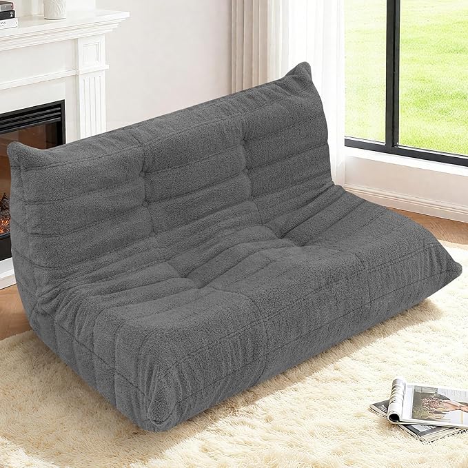 HABUTWAY Bean Bag Chairs Fireside Lazy Floor Sofa, Soft Teddy Fleece 2 Seater Sofa with High-Resilience Foam Filling，Beanbag for Living Room, Bedroom, Office (Dark Grey Teddy)