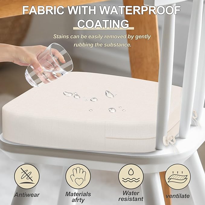 17'' x 16'' x 2.5"Thick Chair Cushions for Dining Chairs, 4 Pack WaterProof Easy Clean Kitchen Chair Pads with Ties and Non-Slip Backing - 30D High Elastic Foam Soft Kitchen Chair Cushions