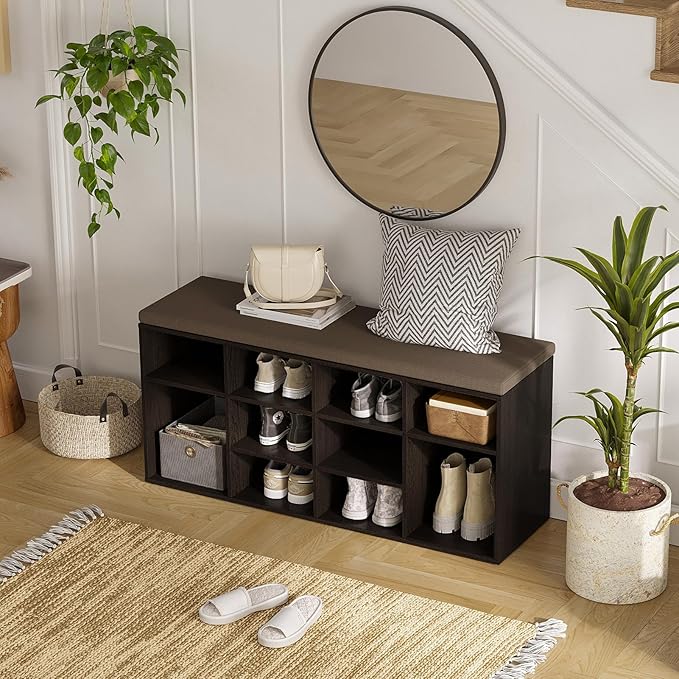 DINZI LVJ Shoe Storage Bench with Cushion, Cubby Shoe Rack with 12 Cubbies, Adjustable Shelves, Multifunctional Shoe Organizer Bench for Entryway, Mudroom, Hallway, Closet and Garage, Espresso