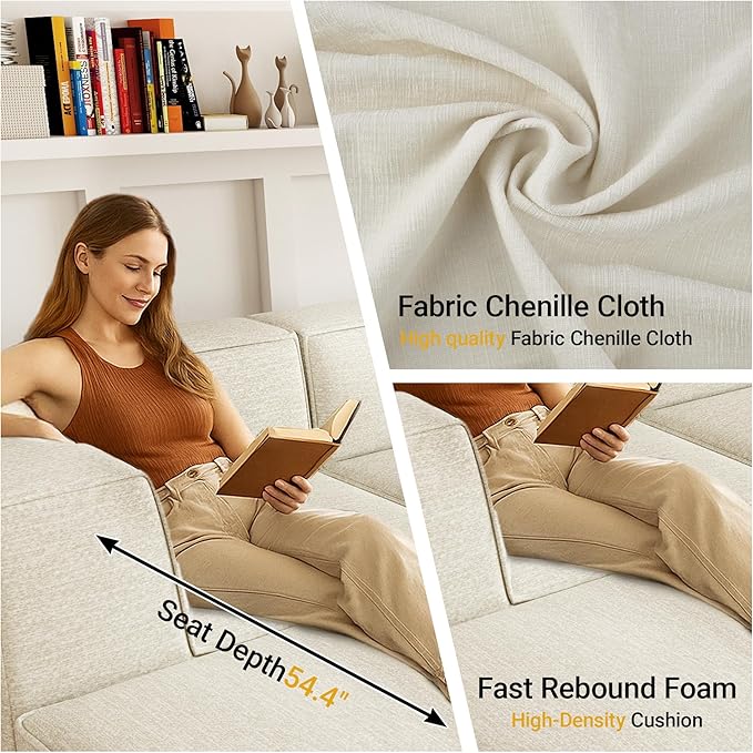 97" Sectional Compressed Sofa Modular Couches,High-Density Foam No Assembly Required,3-Piece(1xCorner 3xArmless) for Living Room, Chenille Beige White