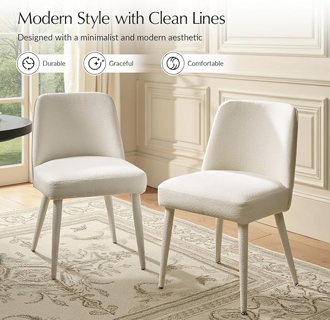 HULALA HOME Modern Dining Chairs Set of 2，White Fully Chenille Upholstered Dining Room Chairs Set with Foot Peg, Wood Frame, Armless Kitchen Accent Chairs for Living Room Bedroom Reception - Ivory